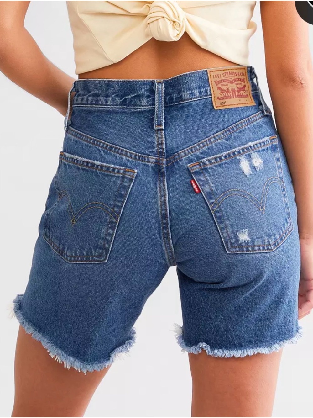 Levi’s 501 Blue High Rise Distressed Frayed Denim Shorts Women’s 28 NWT - Picture 3 of 5